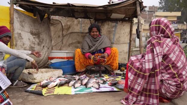 View of a woman selling fresh fish at a local market stall India.