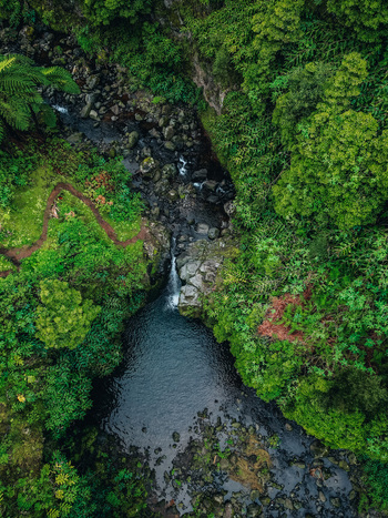 Aerial view of a hidden waterfall cascading into a serene pool embraced by vibrant green foliage and a winding trail Achada Açores Portugal. Aerial view of a hidden waterfall cascading into a serene pool embraced by vibrant green foliage and a winding trail Achada Açores Portugal.