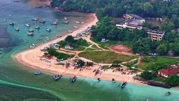 Aerial view of fishing boats on the coast of Sri Lanka.