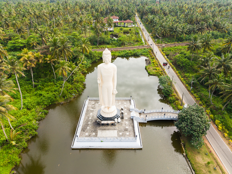 Aerial view of the Tsunami Honganji Viharaya Buddha statue standing in a pond surrounded by lush tropical palm trees and a road in Peraliya Southern Province Sri Lanka. Aerial view of the Tsunami Honganji Viharaya Buddha statue standing in a pond surrounded by lush tropical palm trees and a road in Peraliya Southern Province Sri Lanka.