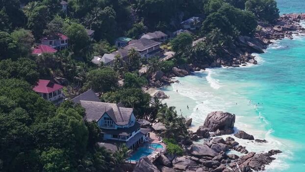 Aerial view of Anse Reunion coastal villas Seychelles.