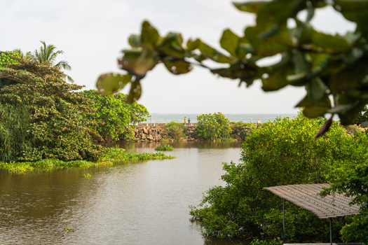 View of a calm tropical river surrounded by lush green vegetation and a stone embankment with people in Galle Southern Province Sri Lanka.