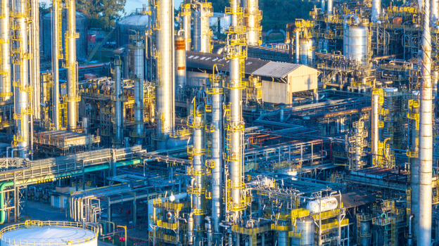 Aerial view of the Capuava Petrochemical Complex featuring tall distillation columns intricate pipeline networks and industrial infrastructure in Santo Andre State of Sao Paulo Brazil.