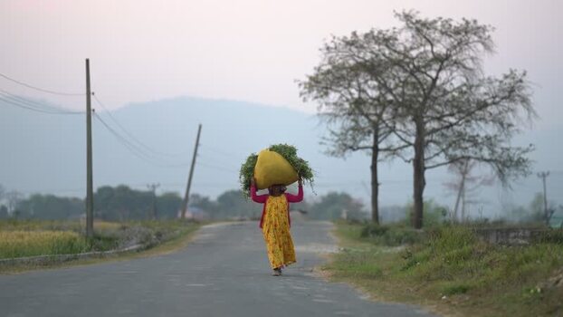 View of a woman carrying a heavy sack on her head Nepal. View of a woman carrying a heavy sack on her head Nepal.