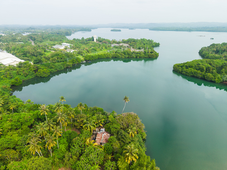 Aerial view of the serene Koggala Lake surrounded by lush tropical vegetation palm trees and scattered buildings under a bright sky in Koggala Southern Province Sri Lanka. Aerial view of the serene Koggala Lake surrounded by lush tropical vegetation palm trees and scattered buildings under a bright sky in Koggala Southern Province Sri Lanka.