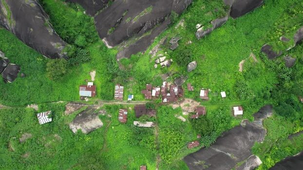 Aerial view of Idanre Hill with small houses Nigeria.