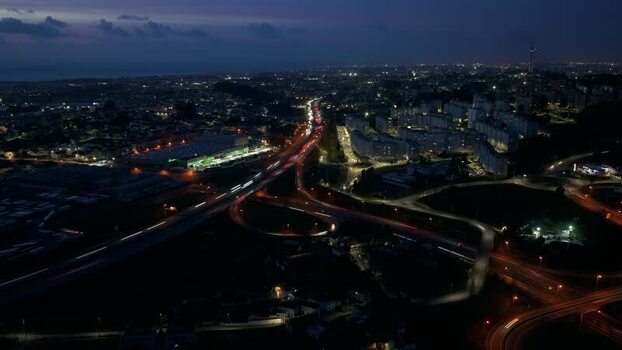 Aerial view of highway and buildings Portugal.