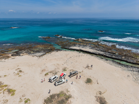Aerial view of cars parked on the sandy beach meeting the turquoise ocean a stark contrast of arid land and vibrant sea Erissel Socotra Yemen.