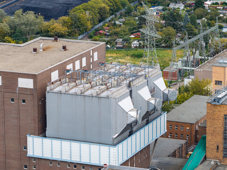 Aerial view of Heizkraftwerk Reuter West power plant showing industrial infrastructure and cooling systems in Berlin Berlin Germany.