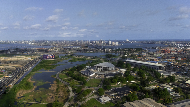 Aerial view of the Wole Soyinka Centre for Culture and Creative Arts National Theatre Nigeria surrounded by greenery and waterways in Lagos Lagos Nigeria.