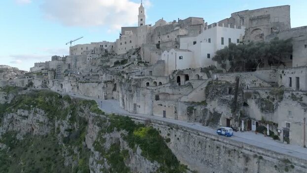 Aerial view of Sassi di Matera historic cave dwellings Italy.