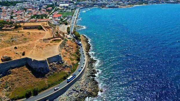 Aerial view of Fortezza of Rethymno and coastal road Greece.