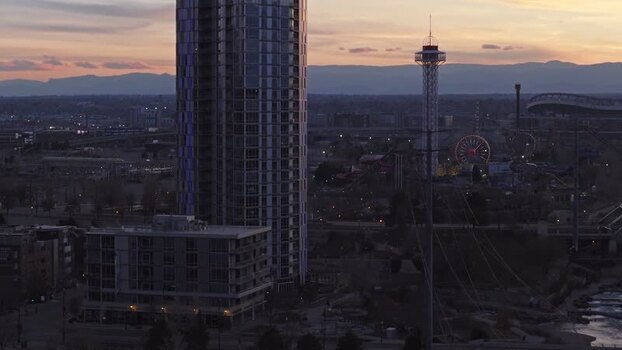 Aerial view of Denver skyline at sunset United States.