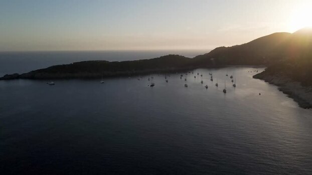 Aerial View of Lacona bay at sunset Elba Island Tuscany Italy.