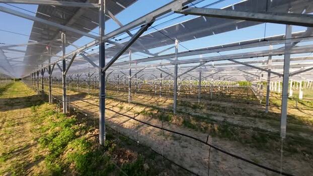 Aerial view of agrivoltaic solar farm in Faenza Italy.