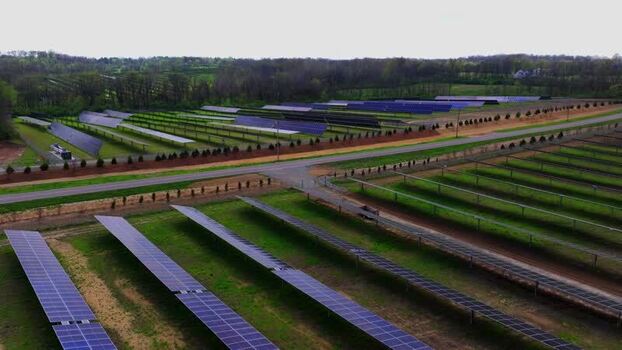 Aerial view of solar panels in a field in Lebanon Ohio United States. Aerial view of solar panels in a field in Lebanon Ohio United States.
