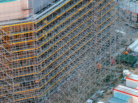 Aerial view of Helmholtz Zentrum Berlin fur Materialien und Energie Science Campus with extensive metal scaffolding surrounding a building under construction in Berlin Berlin Germany.