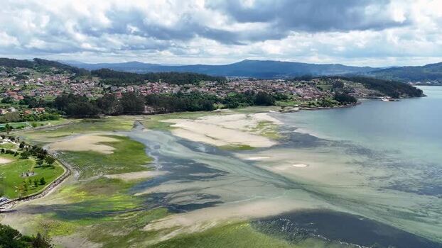 Aerial view of Ria de Pontevedra and Campelo town Spain.