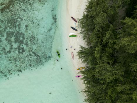 Aerial view of turquoise waters meet the shore where colorful kayaks rest beside the lush green trees of Menjangan Kecil Island Karimunjawa Central Java Indonesia.