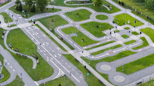 Aerial view of a miniature traffic training playground with paved roads road markings traffic signs and pedestrian crossings in Wieliczka Lesser Poland Voivode Poland.