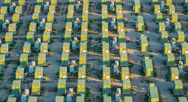Aerial view of a large battery energy storage facility with modular container units arranged in repetitive rows across a gravel field in the industrial landscape. Trino Piedmont Italy.