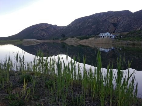 View of a serene pond reflecting the rugged mountains and a house in the landscape of Montagu Western Cape South Africa.