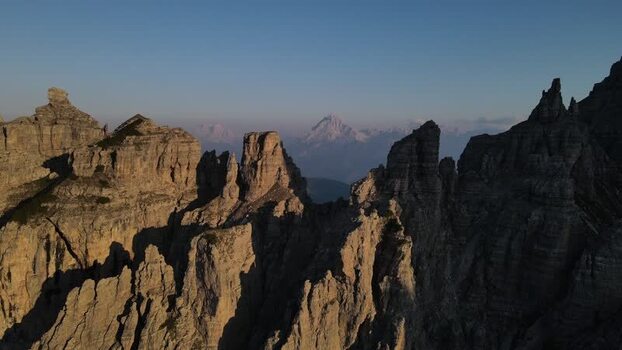 Aerial view of the Dolomites mountain peaks Italy.