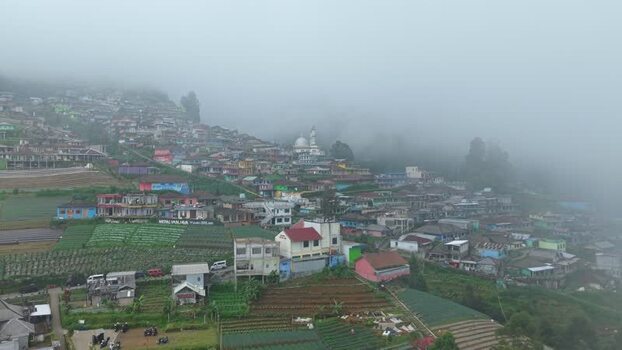 Aerial view of Nepal Van Java village in the mist Indonesia.