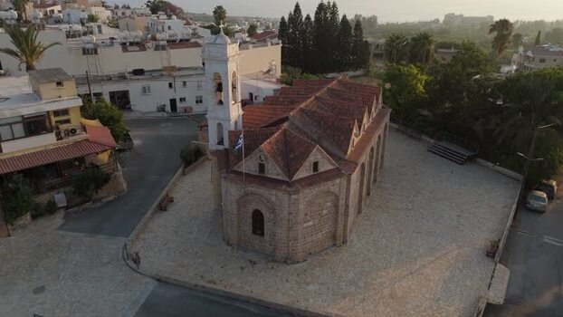 Aerial view of a historic stone church in Nicosia Cyprus.