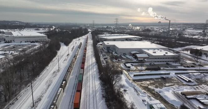 Aerial view of a freight train in a snowy industrial area United States. Aerial view of a freight train in a snowy industrial area United States.