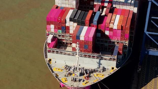 Aerial view of a container ship at port United Kingdom.