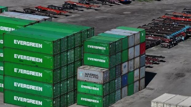 Aerial view of stacks of shipping containers in United States.