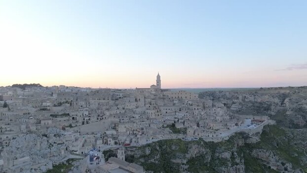 Aerial view of Matera historic stone architecture Italy.