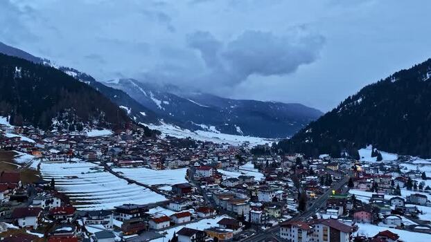 Aerial view of Nauders village in the snowy Alps Austria.