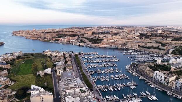 Aerial view of yachts in the harbor near the city of Valletta Malta.