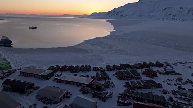 Aerial view of Longyearbyen during sunset Svalbard and Jan Mayen. Aerial view of Longyearbyen during sunset Svalbard and Jan Mayen.