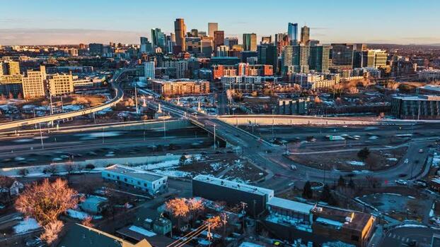 Aerial view of Denver skyline at sunset United States.
