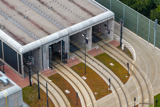 Aerial view of Zajezdnia Annopol 01 tram depot with tracks leading into the facility in Warsaw Masovian Voivodeship Poland. Aerial view of Zajezdnia Annopol 01 tram depot with tracks leading into the facility in Warsaw Masovian Voivodeship Poland.