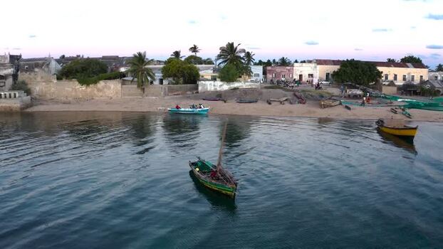 Aerial view of boats near coastline Mozambique.