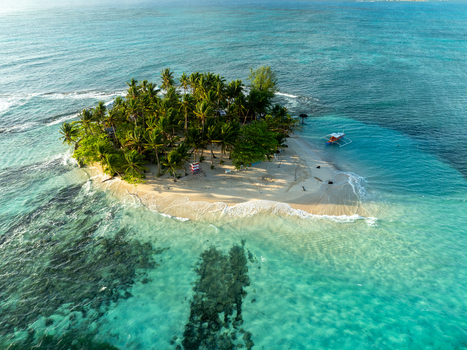 Aerial view of Guyam Island with lush palm trees white sand beach and turquoise waters in General Luna Caraga Philippines. Aerial view of Guyam Island with lush palm trees white sand beach and turquoise waters in General Luna Caraga Philippines.
