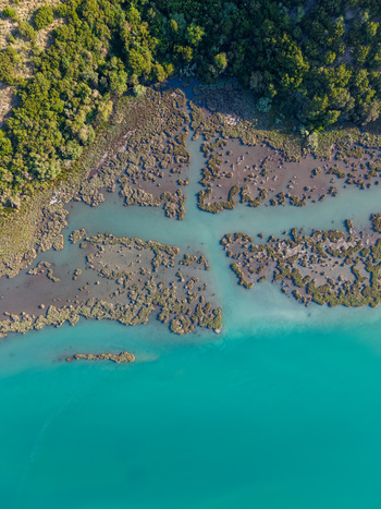 Aerial view of Kanali i Vivarit with turquoise water flowing through marshy wetlands and dense green trees in Vrine Vlore County Albania. Aerial view of Kanali i Vivarit with turquoise water flowing through marshy wetlands and dense green trees in Vrine Vlore County Albania.