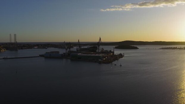Aerial view of Pula shipyard at sunset Croatia. Aerial view of Pula shipyard at sunset Croatia.