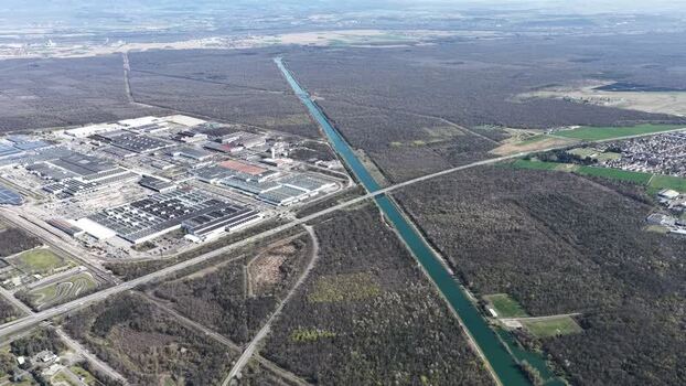 Aerial view of industrial area and canal France.