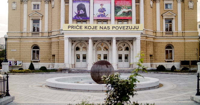 Rijeka Primorje Gorski Kotar Croatia 19 September 2026 View of the Croatian National Theatre Ivan pl. Zajc with its neoclassical facade a central fountain and promotional banners. Rijeka Primorje Gorski Kotar Croatia 19 September 2026 View of the Croatian National Theatre Ivan pl. Zajc with its neoclassical facade a central fountain and promotional banners.