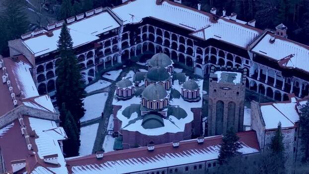 Aerial view of Rila Monastery in winter Bulgaria.