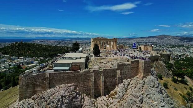 Aerial view of the Acropolis of Athens Greece.