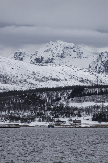 View of snow covered mountains and a fjord with small houses on the shore under an overcast sky in Tromso Troms Norway.