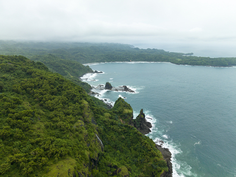 Aerial view of lush green cliffs meet the turquoise sea under a misty sky at Pengilon Hill Gunungkidul Regency Daerah Istimewa Yogyakarta Indonesia. Aerial view of lush green cliffs meet the turquoise sea under a misty sky at Pengilon Hill Gunungkidul Regency Daerah Istimewa Yogyakarta Indonesia.