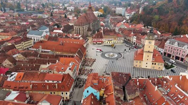 Aerial view of Council Square and Black Church in Brasov Romania. Aerial view of Council Square and Black Church in Brasov Romania.