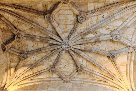 Salamanca Spain 29 November 2025 View of the ornate Gothic vaulted ceiling with stone ribs and decorative floral bosses at the University of Salamanca.